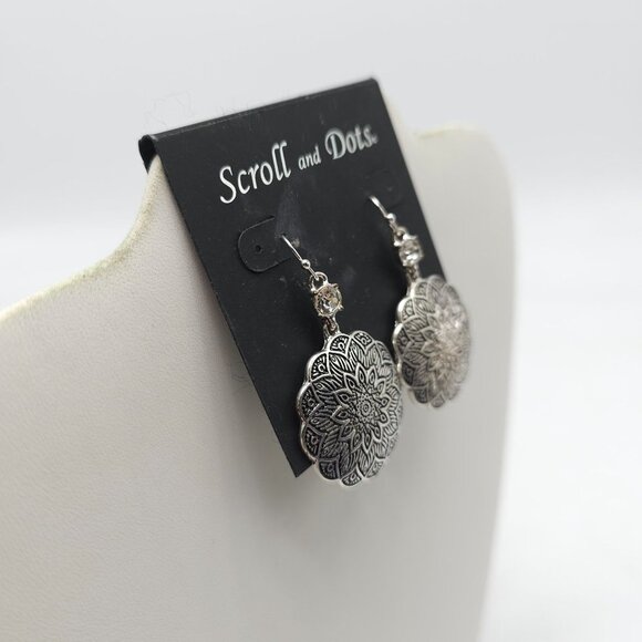 Scroll And Dots Silver Mandala Drop Earrings With Rhinestone Accents 2 Inches - Picture 2 of 5